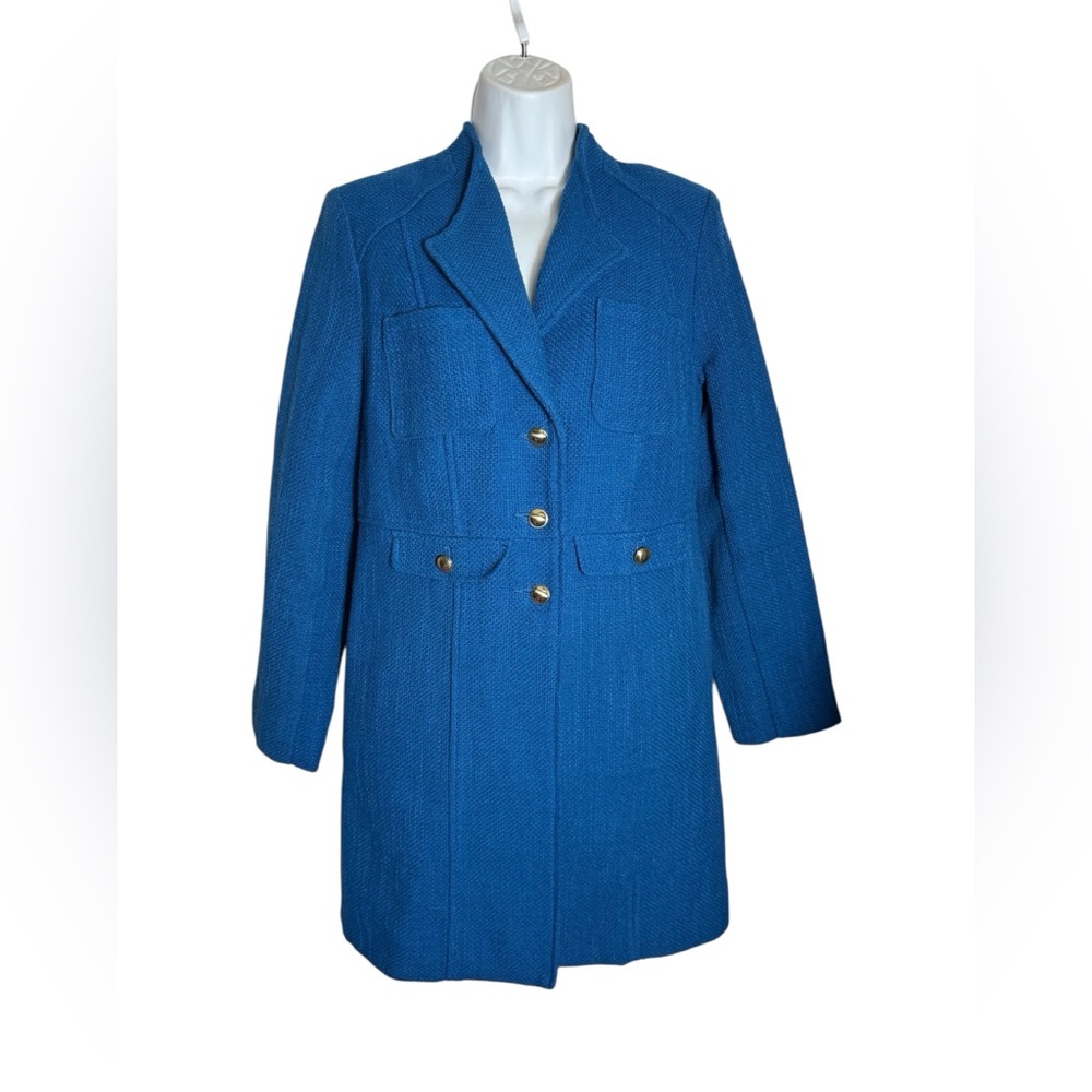 Chico's Jacket Size 4 (Chicos size 0) Bright Blue Tweed Pea Coat w/ Gold Buttons